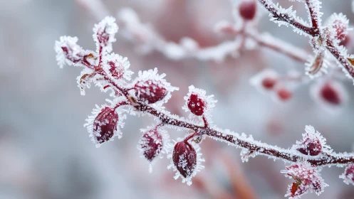 Frost covered red berries on winter shrub branch in macro view.