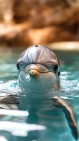 Front-facing bottlenose dolphin in controlled aquatic habitat.
