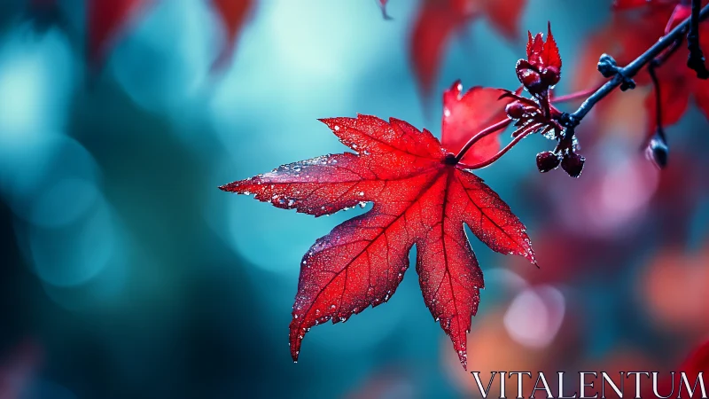 Ruby maple leaf dreaming against electric teal twilight.