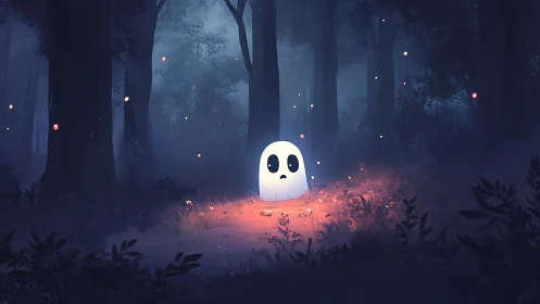 Timid little ghost glowing softly in a midnight forest clearing.