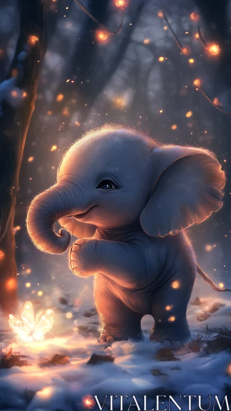 Baby elephant glows with gentle magic in a snowy forest.