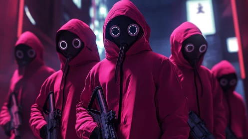Neon-eyed sentinels claim the alleyway in crimson silence