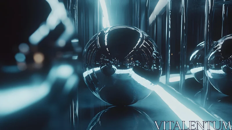 Futuristic Metallic Sphere in Neon Blue Light, Abstract Style.