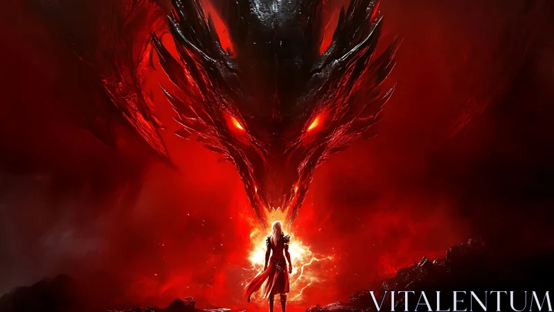Figure before large red dragon head in fiery environment.