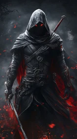 Hooded dark knight with glowing eyes in cinematic backlight