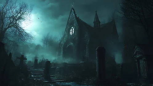 Old stone church in misty night graveyard landscape.