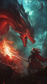 Armored warrior confronts infernal dragon in fiery clash.