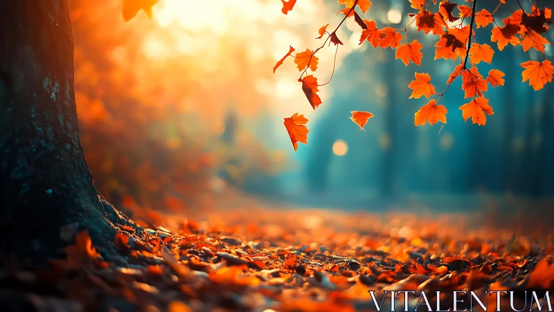 Crimson leaves drift like whispered embers through soft light