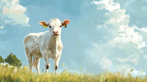 Gentle white calf standing in a sunny, wide open meadow.