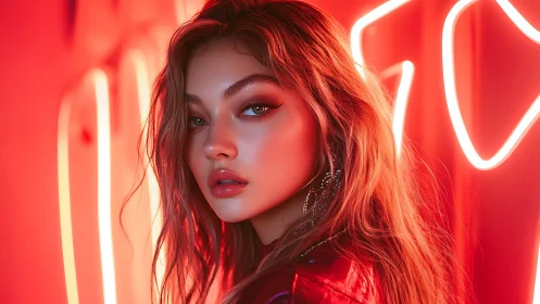 Neon-lit portrait captures glossy model in saturated red glow