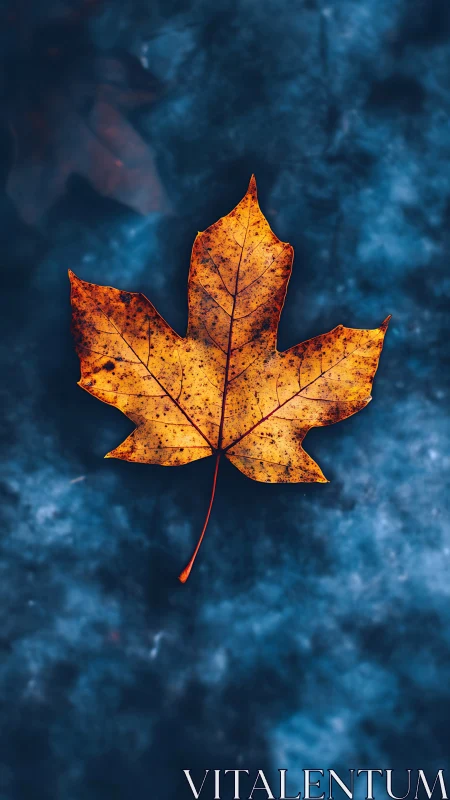 Golden maple leaf on deep blue textured background.