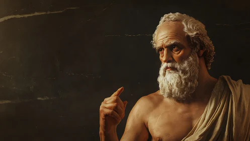 Stoic philosopher gestures against a dark reflective void