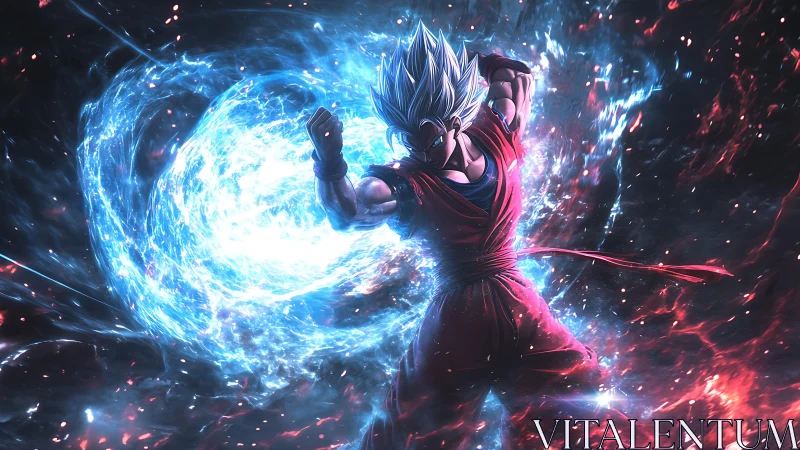 Electric warrior channels a swirling cosmic energy storm.