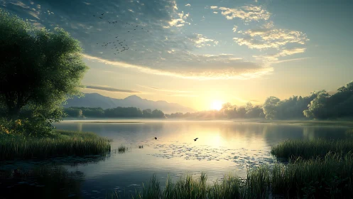 Sunrise hush over glassy lake and mist-veiled mountains.