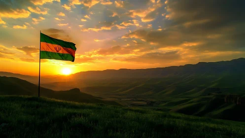Sunlit flag over rolling green hills at peaceful sunset.