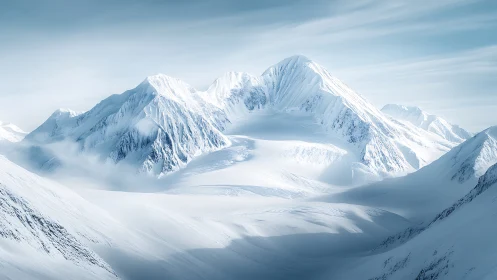 Snowbound alpine range under soft winter daylight glow.