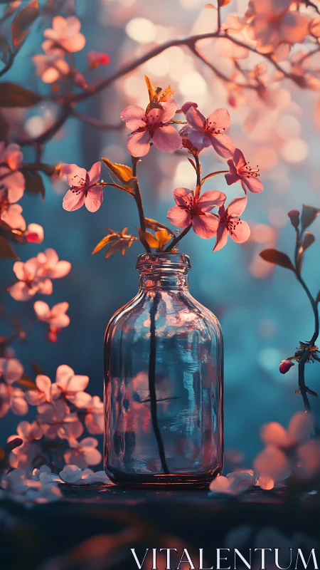 Pink Blossoms in Glass Bottle with Warm Sunlight.