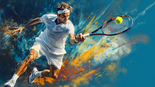 Electric tennis rally bursting through painted color clouds.