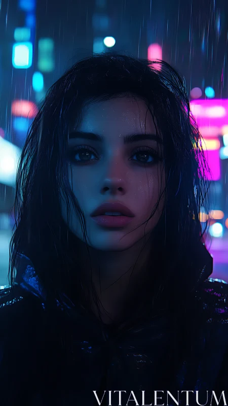 Rain-soaked cyber night muse beneath neon city lullaby.