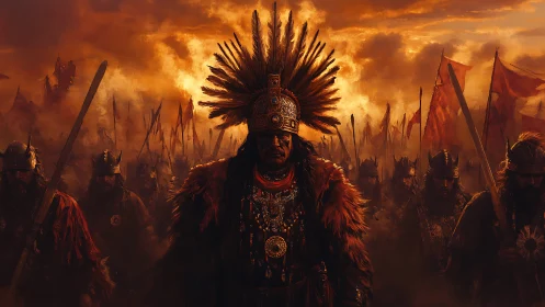 Warrior leader in feathered headdress before armed host.