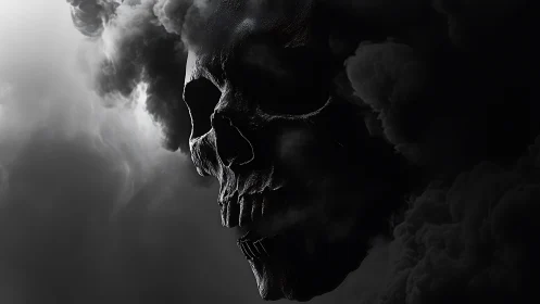 Smoke-born skull drifts from darkness like a rising storm