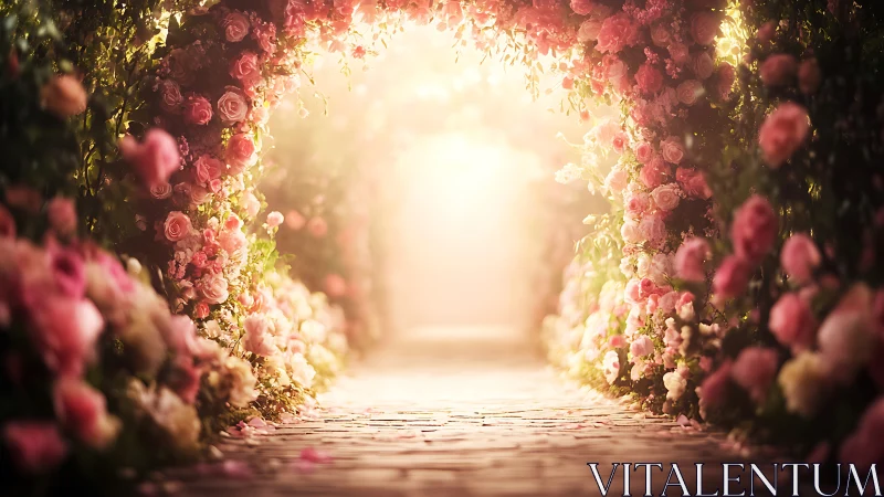 Rose Garden Pathway Bathed in Golden Light.