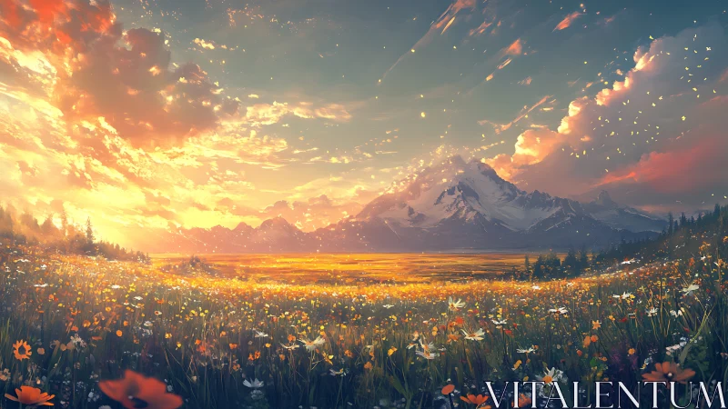 Golden wildflower valley under blazing sunset sky.