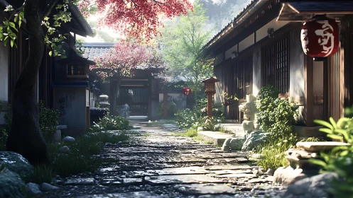 Sunlit stone alley in traditional Japanese courtyard with soft fog