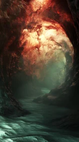 Glowing cavern river under swirling crimson clouds of light.