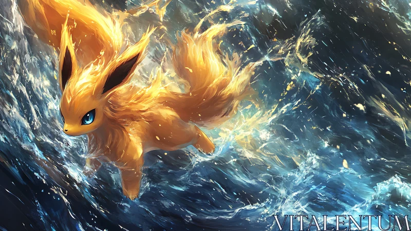 Dynamic fiery creature rendered in high-energy fluid motion field