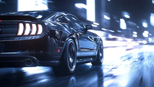 Black sports car speeding through neon lit city streets.