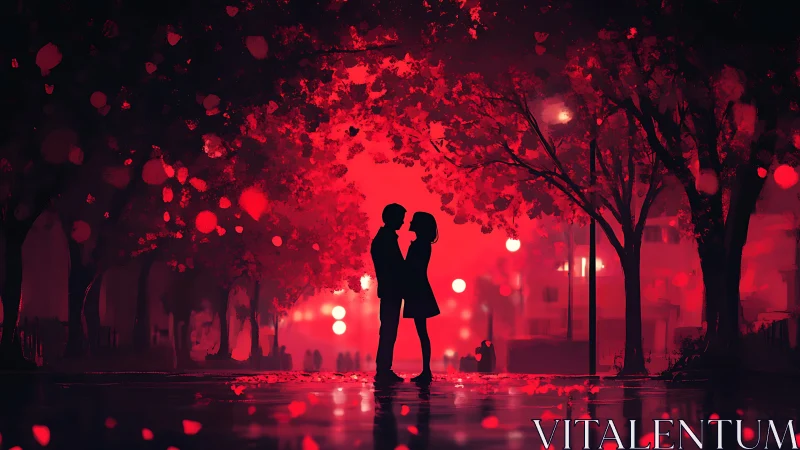 Red urban romance: silhouetted couple beneath luminous city lights.