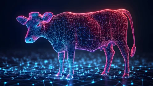 Neon Wireframe Cow in Futuristic Digital Art Style.
