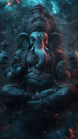 Mystic digital Ganesh idol amid smoky teal embers glow.