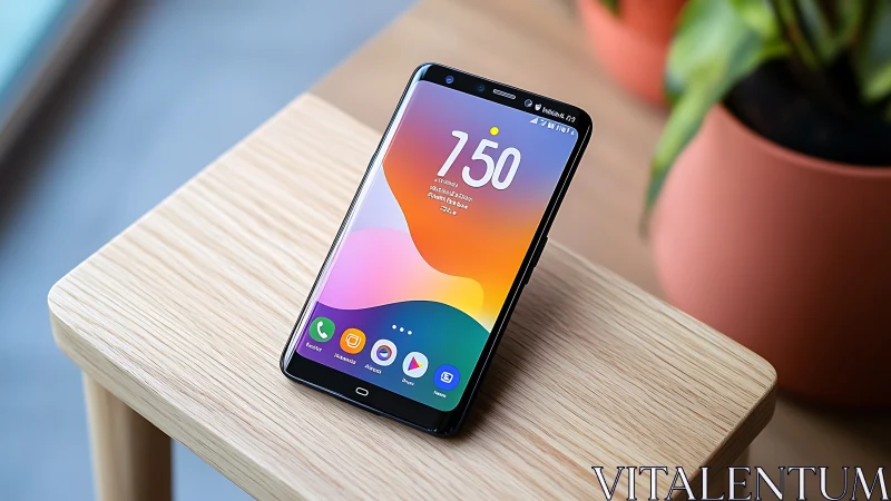 Smartphone Glows With Vivid Color Gradients on Wooden Perch