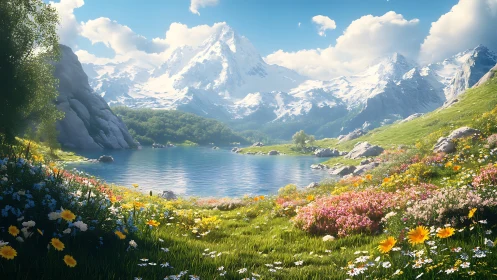 Mountain lake with wildflower meadow under clear sky.