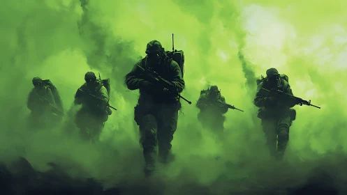 Special forces squad advancing through toxic green fog.