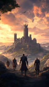 Armored adventurers approach towering citadel at dusk