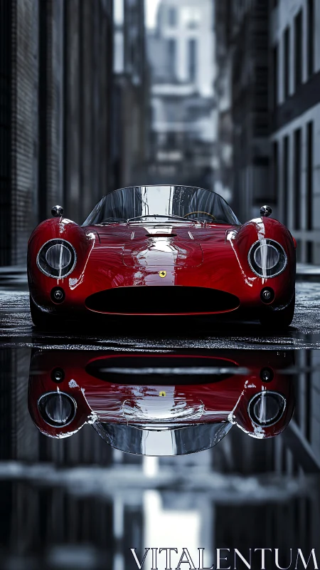 Gleaming red sports car reflecting boldly in city rain.