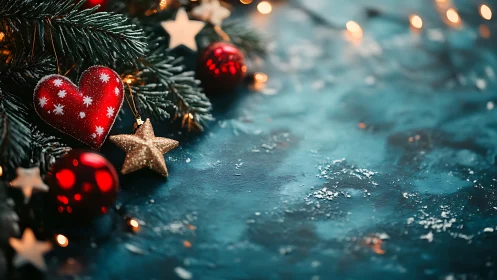 Red heart ornament on fir branch with festive bokeh lights.