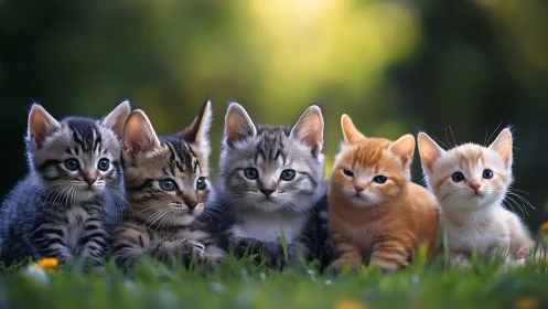 Five Kittens Grouped on Green Grass.