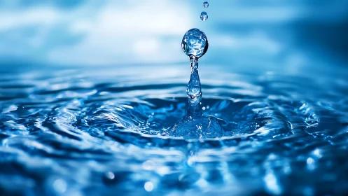 Water droplet forms vertical splash column on rippling surface