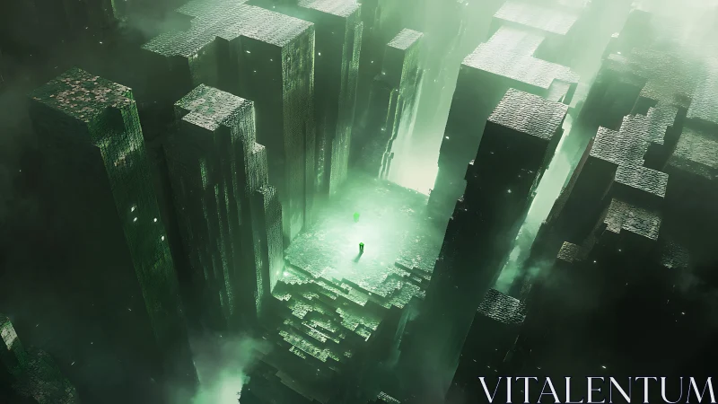 Lone figure stands on glowing platform amid tall green blocks