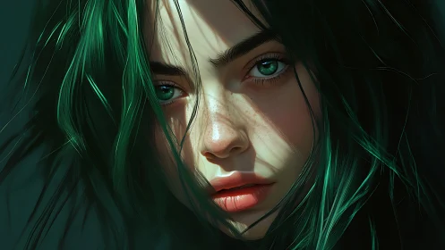 Emerald gaze in sunlit shadows, a softly fierce portrait.
