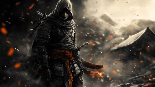 Masked ronin in ember storm before distant temple ruins.