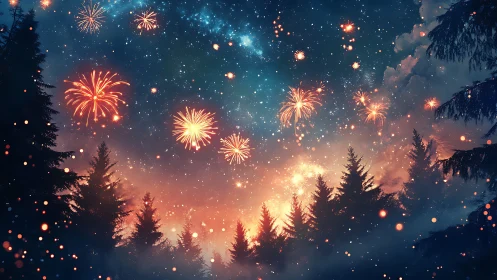 Fireworks ignite a dreamlike night sky above dark pine forest