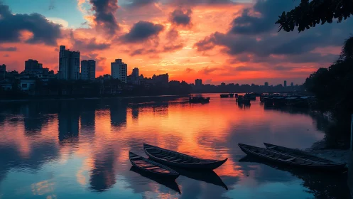 Sunset river skyline glows as wooden boats rest in still water