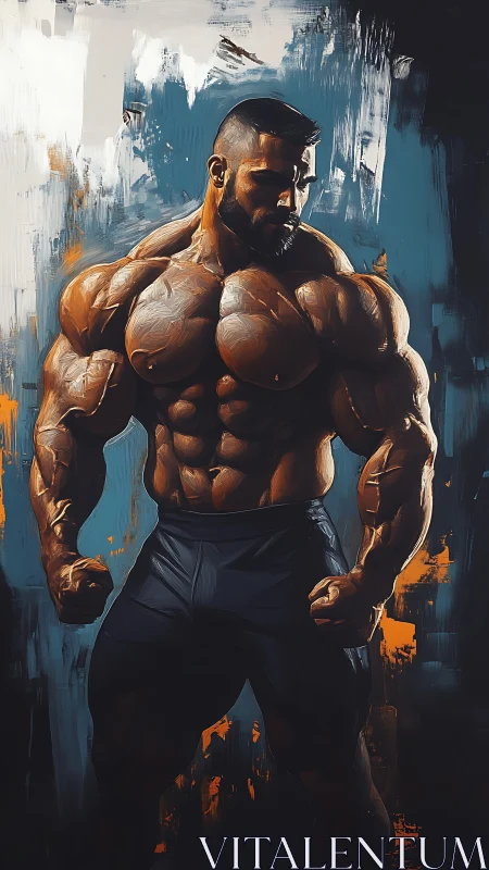 Powerful bodybuilder poised against bold abstract colors.