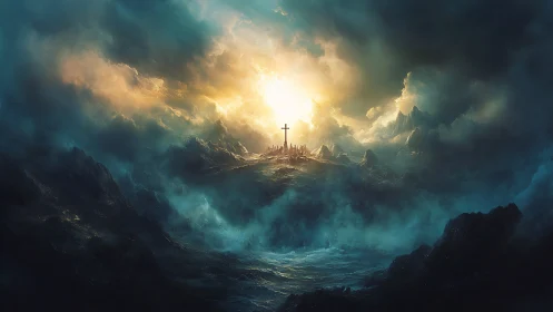 Digital painting of stormy seascape with radiant cross focal point.