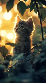 Feline Subject Backlit by Warm Incandescent Bokeh Lighting.